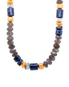 Polished Dumortierite , Sky Blue Topaz, Labradorite 8mm Necklace 24K Fair Trade Gold Vermeil