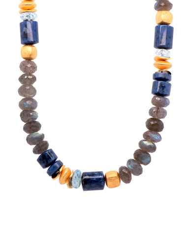 Dumortierite Polished, Blue Topaz, Labradorite Necklace Fair Trade 24K Gold Vermeil 8MM