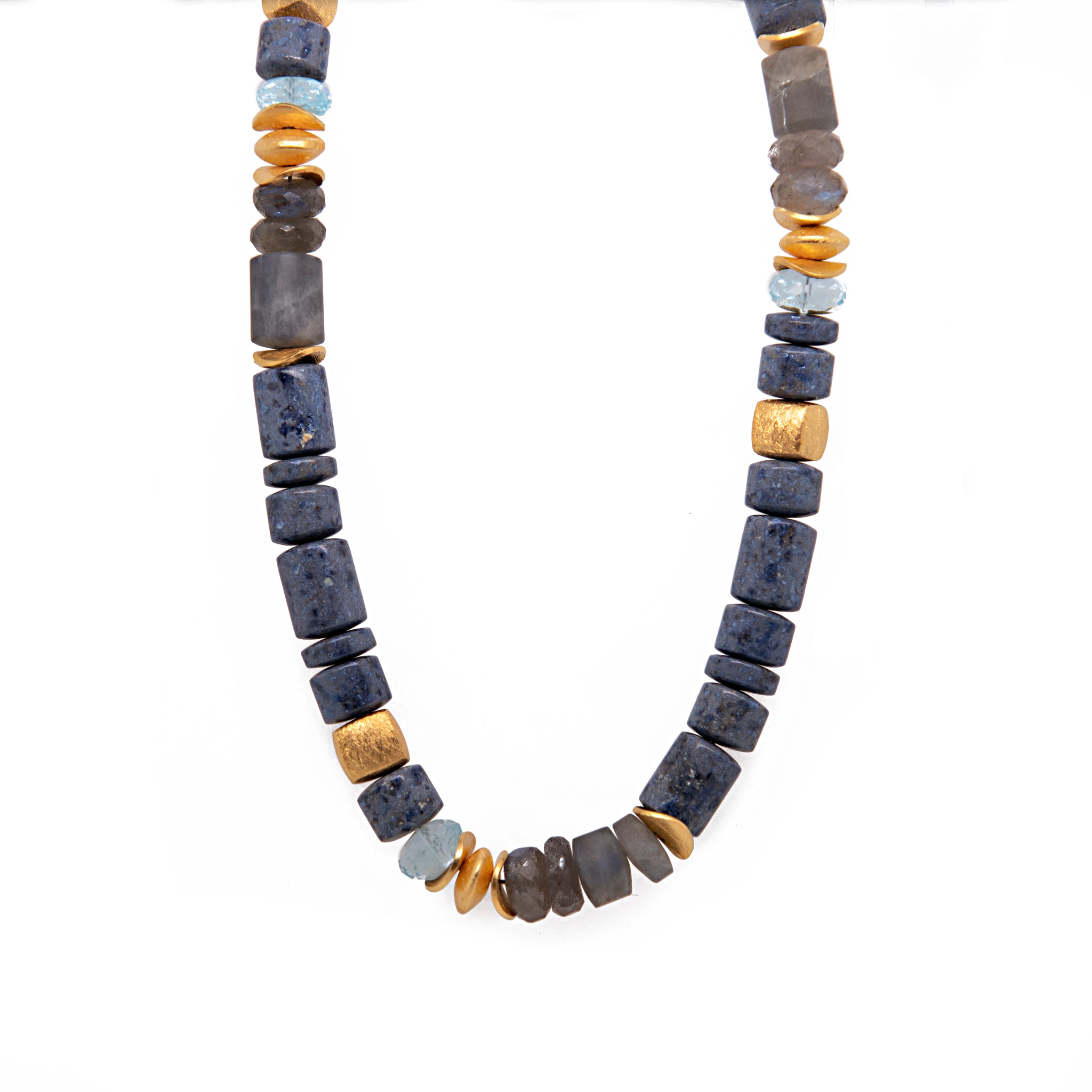 NECKLACE-8MM DUMORTIERITE POLISHED, SKY BLUE TOPAZ, LABRADORITE, 24K GOLD VERMEIL