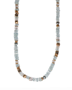 Aquamarine Chips, Rose Quartz, Smoky Quartz & Pearls Silver Rhodium Necklace Fair Trade 24K Gold Vermeil