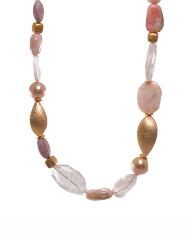 Rose Quartz, Pink Opalite, Flame and Pearls Necklace Fair Trade 24K Gold Vermeil
