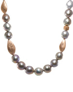 Load image into Gallery viewer, Grey Pearl and Flame Post Barouqe Necklace Fair Trade 24K Gold Vermeil
