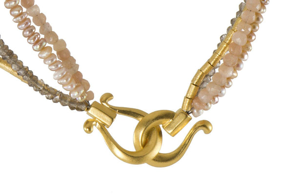 PEACH MOONSTONE, SMOKY QUARTZ, NATURAL COLOR PEARL & TUBE 3MM NECKLACE FAIR TRADE 24K GOLD VERMEIL - Joyla Jewelry