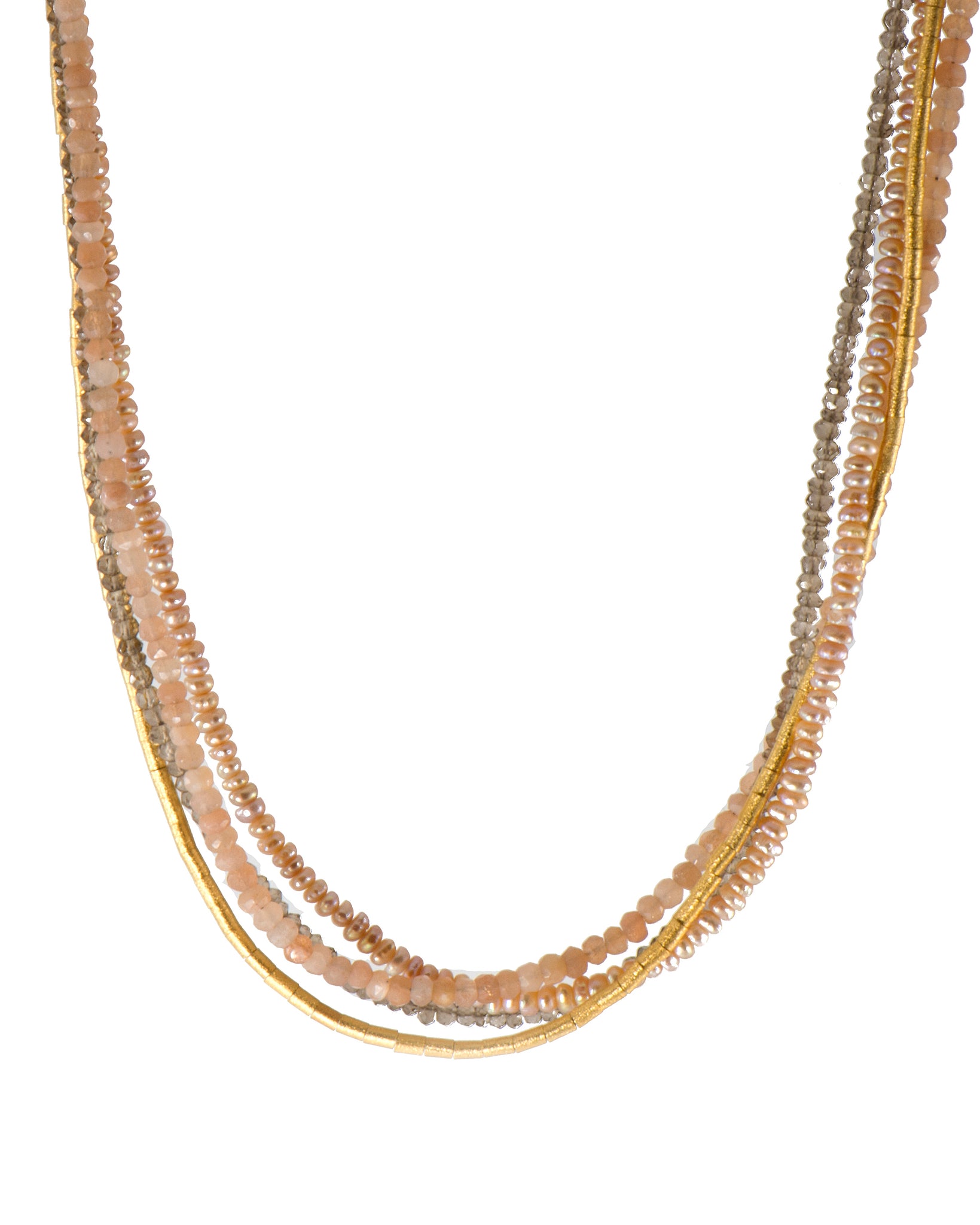 PEACH MOONSTONE, SMOKY QUARTZ, NATURAL COLOR PEARL & TUBE 3MM NECKLACE FAIR TRADE 24K GOLD VERMEIL