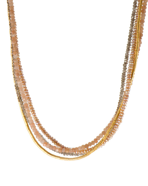 Multi Strand Peach Moonstone, Smoky Quartz, Natural Pearls and Gold Tube Necklace 24K Fair Trade Gold Vermeil