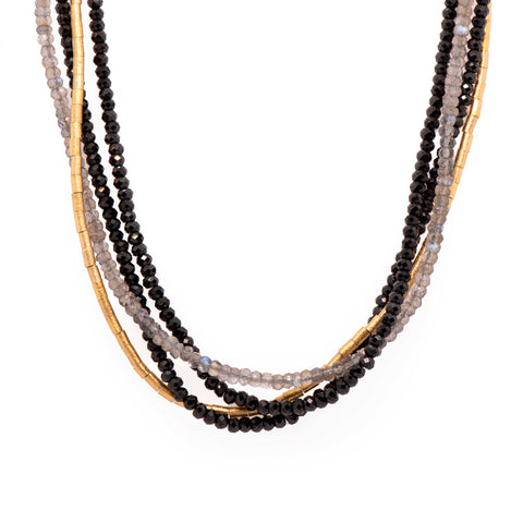 Multi Strand Black Spinel, Labradorite and Gold Tube Necklace 24K Fair Trade Gold Vermeil