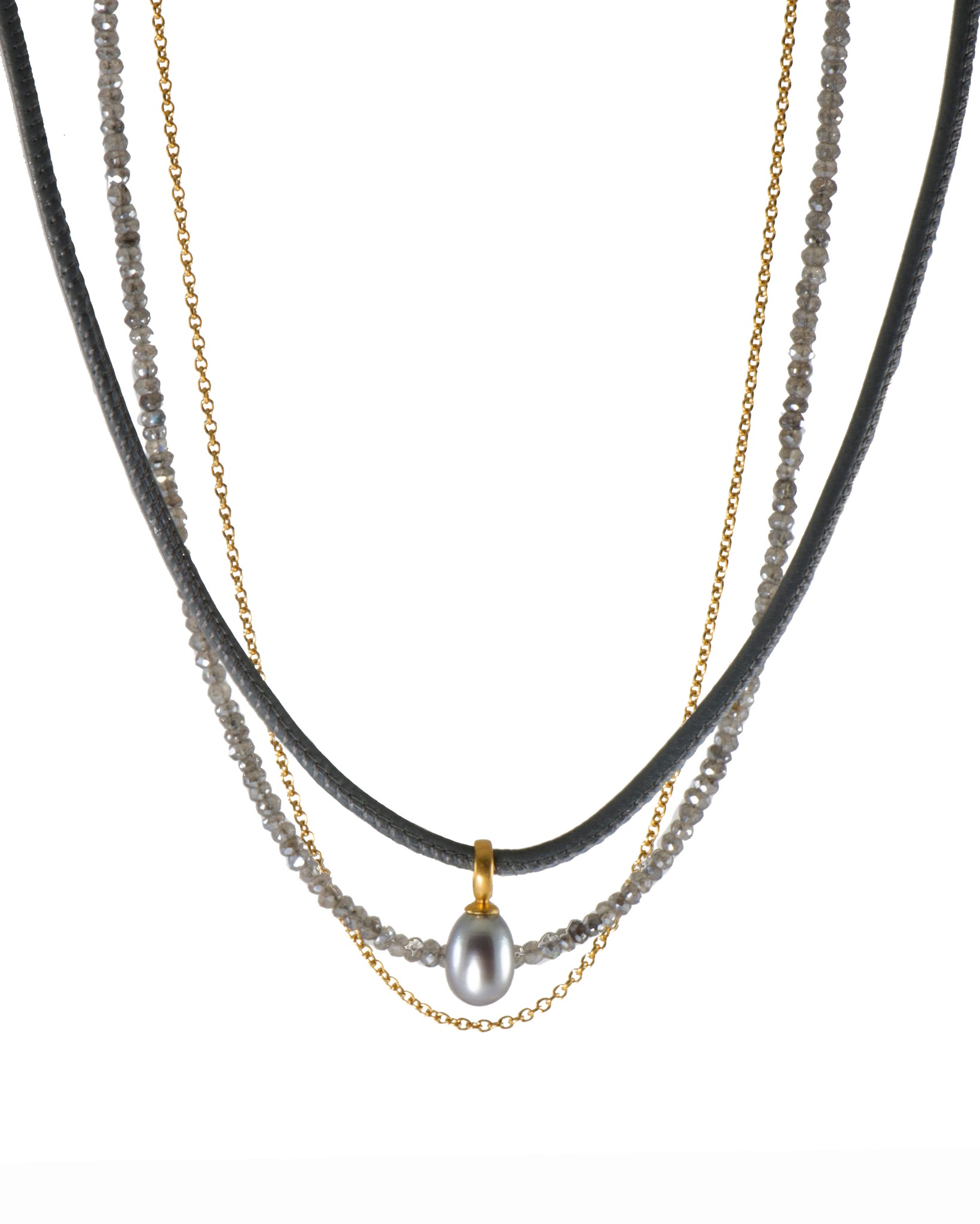 LABRADORITE, LEATHER & GREY PEARL PENDANT NECKLACE FAIR TRADE 24K GOLD VERMEIL