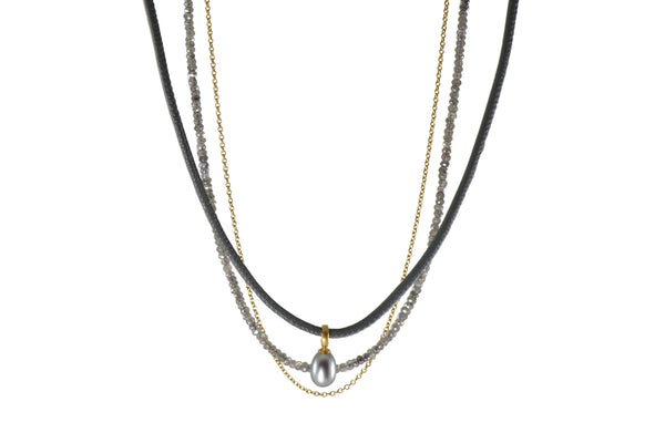 LABRADORITE, LEATHER & GREY PEARL PENDANT NECKLACE FAIR TRADE 24K GOLD VERMEIL - Joyla Jewelry
