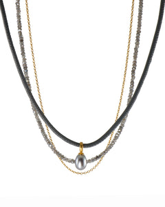 LABRADORITE, LEATHER & GREY PEARL PENDANT NECKLACE FAIR TRADE 24K GOLD VERMEIL