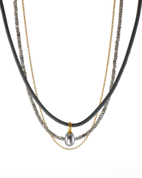 LABRADORITE, LEATHER & GREY PEARL PENDANT NECKLACE FAIR TRADE 24K GOLD VERMEIL