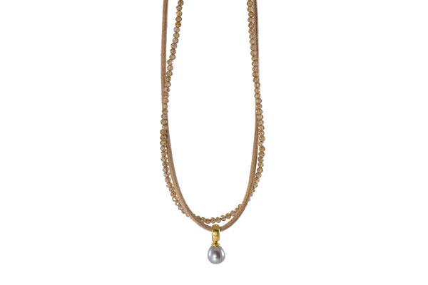 ZIRCON, LEATHER & GREY PEARL 2MM PENDANT NECKLACE FAIR TRADE 24K GOLD VERMEIL - Joyla Jewelry