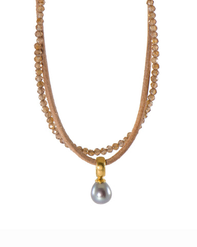 Zircon, Leather & Grey Pearl 2MM Pendant Necklace 24K Fair Trade Gold Vermeil